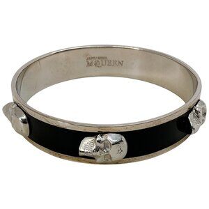 Alexander McQueen 3D Skull Black Enamel Silver Tone Bangle Bracelet
